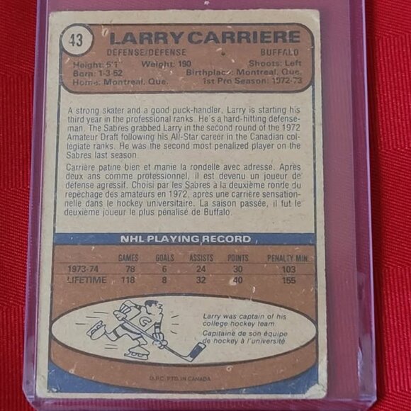 RARE, VINTAGE 1974 O PEE CHEE, LARRY CARRIERE, BUFFALO SABRES HOCKEY CARD!!! - Picture 2 of 2